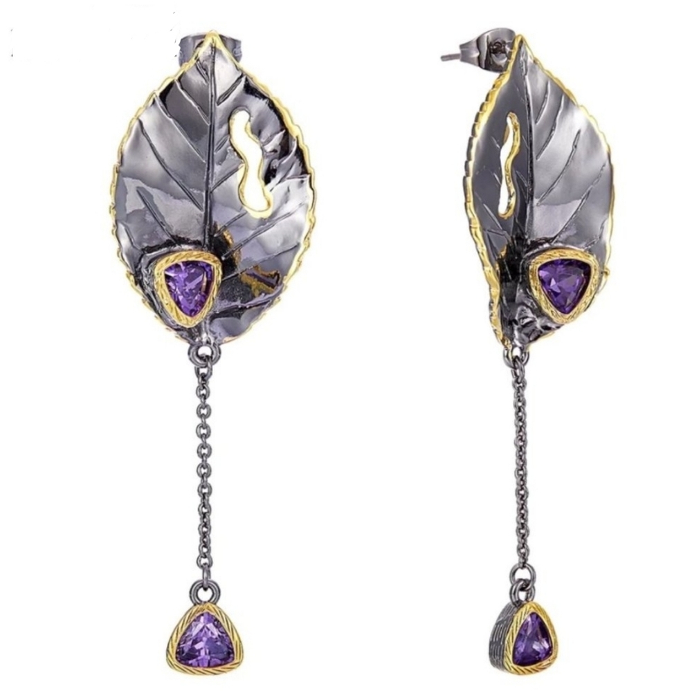 Italian Jewelry Black Gold Leave Earrings - Picture 1 of 14